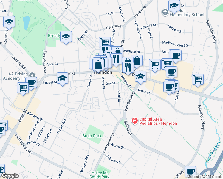 map of restaurants, bars, coffee shops, grocery stores, and more near 743 Florence Place in Herndon
