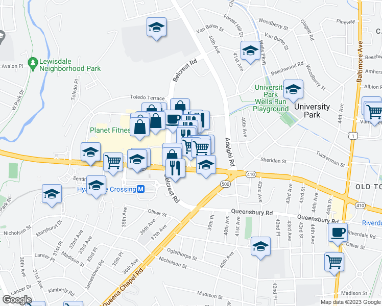 map of restaurants, bars, coffee shops, grocery stores, and more near 6451 America Boulevard in Hyattsville
