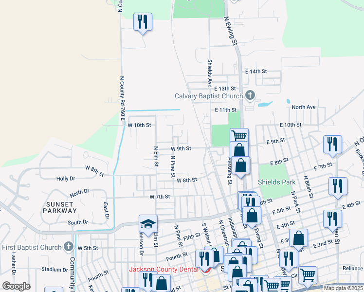 map of restaurants, bars, coffee shops, grocery stores, and more near 885 N Chestnut St in Seymour