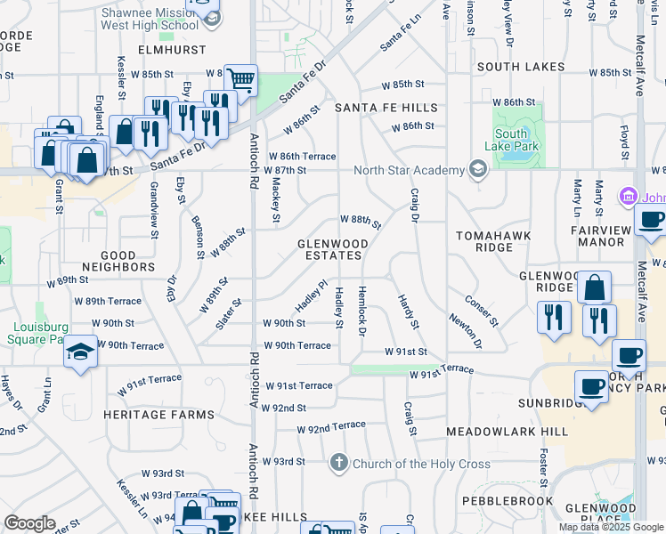 map of restaurants, bars, coffee shops, grocery stores, and more near 8908 Hadley Place in Overland Park