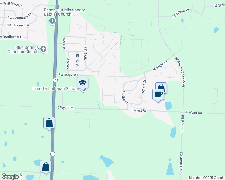map of restaurants, bars, coffee shops, grocery stores, and more near 102 SW Rose St in Blue Springs