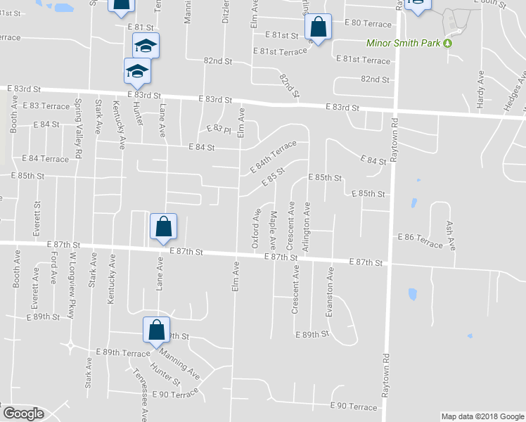 map of restaurants, bars, coffee shops, grocery stores, and more near 8515 Oxford Avenue in Raytown