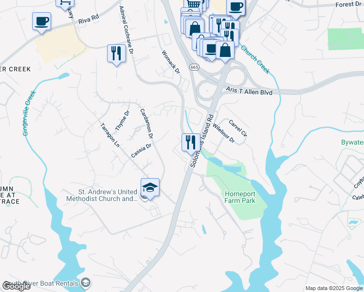 map of restaurants, bars, coffee shops, grocery stores, and more near 313 Bright Light Court in Annapolis
