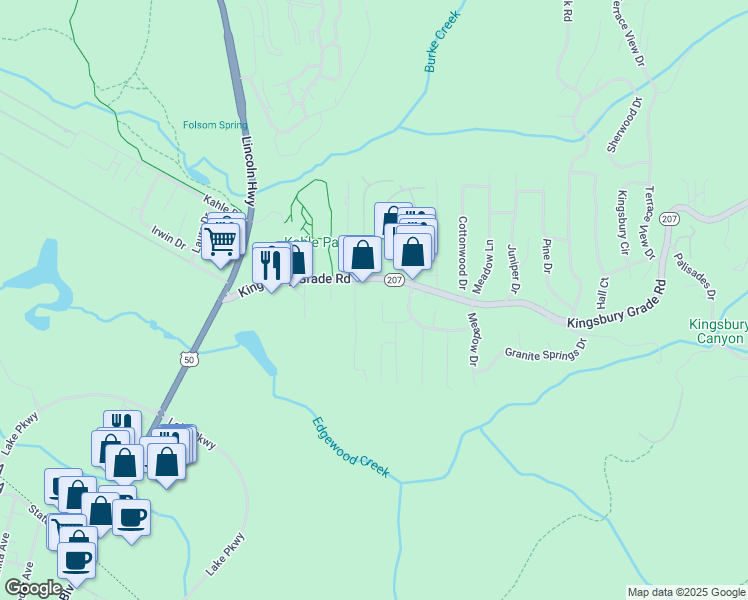 map of restaurants, bars, coffee shops, grocery stores, and more near 128 Woodland Way in Stateline