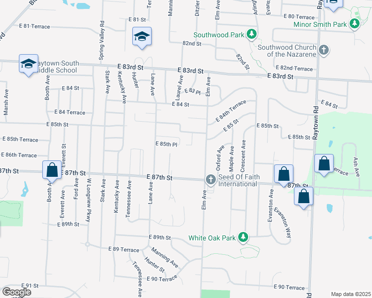 map of restaurants, bars, coffee shops, grocery stores, and more near 9114 East 87th Street in Raytown