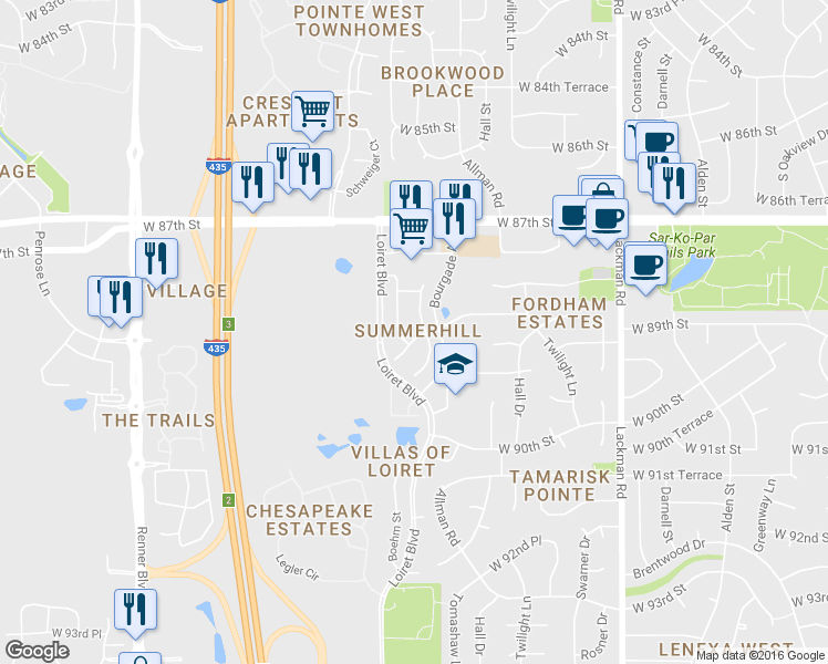 map of restaurants, bars, coffee shops, grocery stores, and more near 15710 West 89th Street in Lenexa