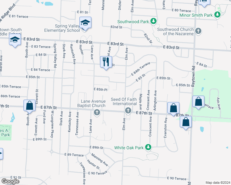 map of restaurants, bars, coffee shops, grocery stores, and more near 9114 East 87th Street in Raytown