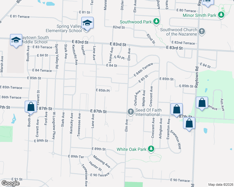 map of restaurants, bars, coffee shops, grocery stores, and more near 9114 East 87th Street in Raytown