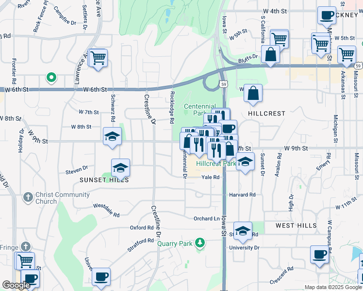 map of restaurants, bars, coffee shops, grocery stores, and more near 900-954 Centennial Drive in Lawrence