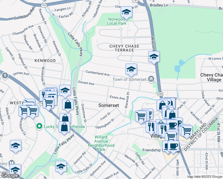 map of restaurants, bars, coffee shops, grocery stores, and more near 4728 Dorset Avenue in Chevy Chase