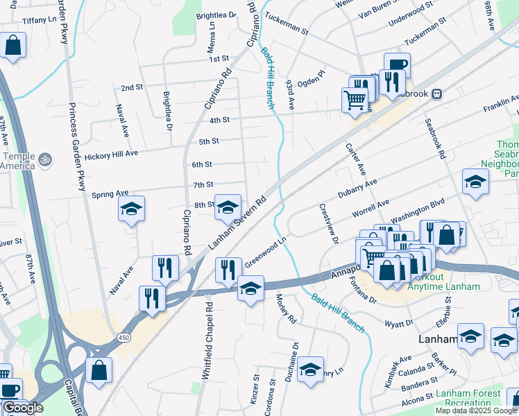 map of restaurants, bars, coffee shops, grocery stores, and more near 9207 Lanham Severn Road in Lanham