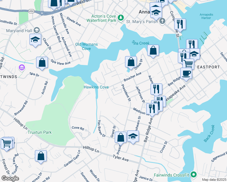 map of restaurants, bars, coffee shops, grocery stores, and more near 33 Boucher Place in Annapolis