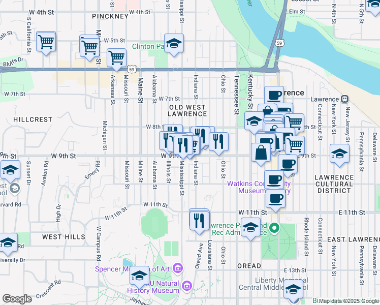 map of restaurants, bars, coffee shops, grocery stores, and more near 847 Indiana Street in Lawrence