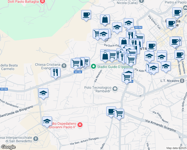 map of restaurants, bars, coffee shops, grocery stores, and more near 22 Via Piro in Lamezia Terme