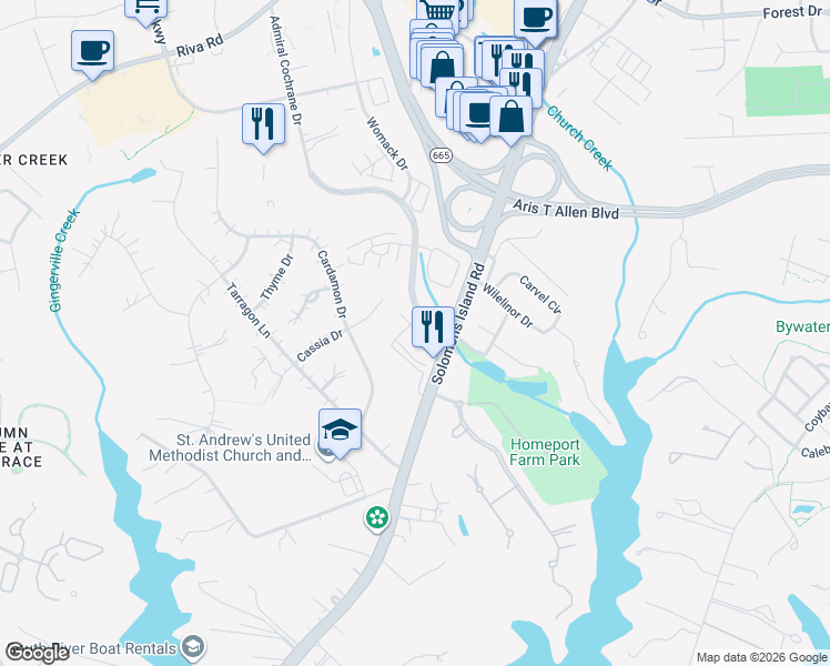 map of restaurants, bars, coffee shops, grocery stores, and more near 313 Bright Light Court in Annapolis