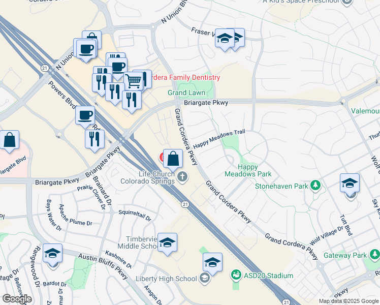 map of restaurants, bars, coffee shops, grocery stores, and more near 9348 Grand Cordera Parkway in Colorado Springs
