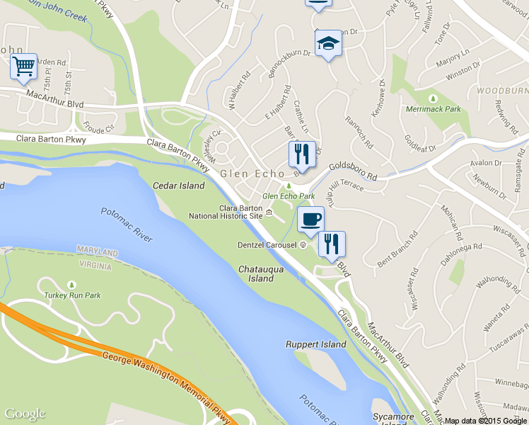 map of restaurants, bars, coffee shops, grocery stores, and more near 5801 Oxford Road in Glen Echo
