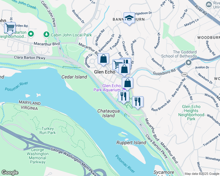 map of restaurants, bars, coffee shops, grocery stores, and more near 5801 Oxford Road in Glen Echo