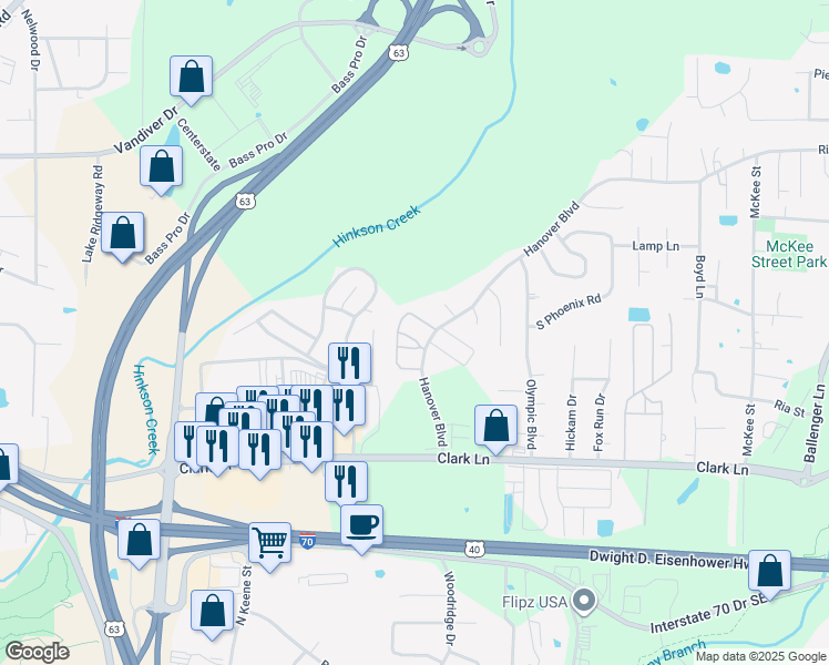 map of restaurants, bars, coffee shops, grocery stores, and more near 1601 Hanover Boulevard in Columbia