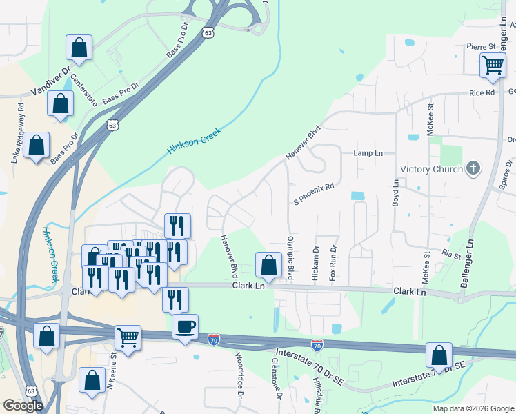 map of restaurants, bars, coffee shops, grocery stores, and more near 1600 Cocoa Court in Columbia