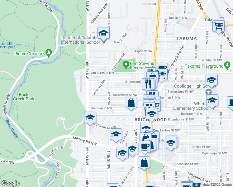 map of restaurants, bars, coffee shops, grocery stores, and more near 1365 Tuckerman Street Northwest in Washington