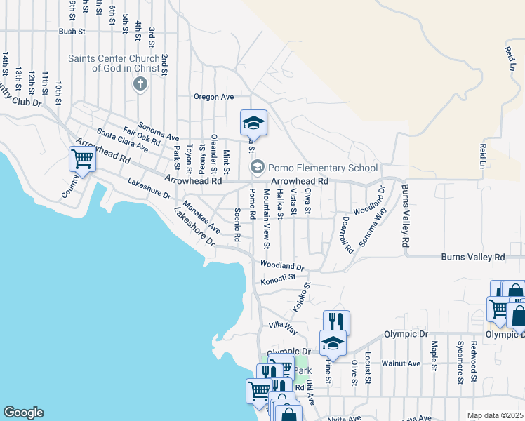map of restaurants, bars, coffee shops, grocery stores, and more near 3573 Mountain View Street in Clearlake