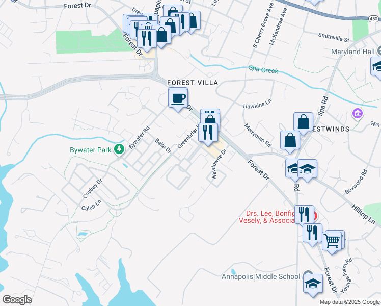 map of restaurants, bars, coffee shops, grocery stores, and more near 614 South Cherry Grove Avenue in Annapolis