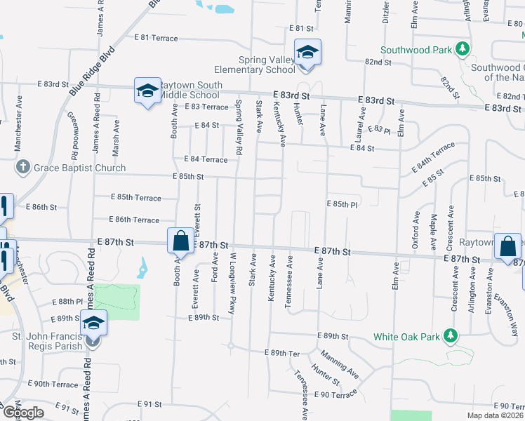 map of restaurants, bars, coffee shops, grocery stores, and more near 8604 Stark Avenue in Raytown