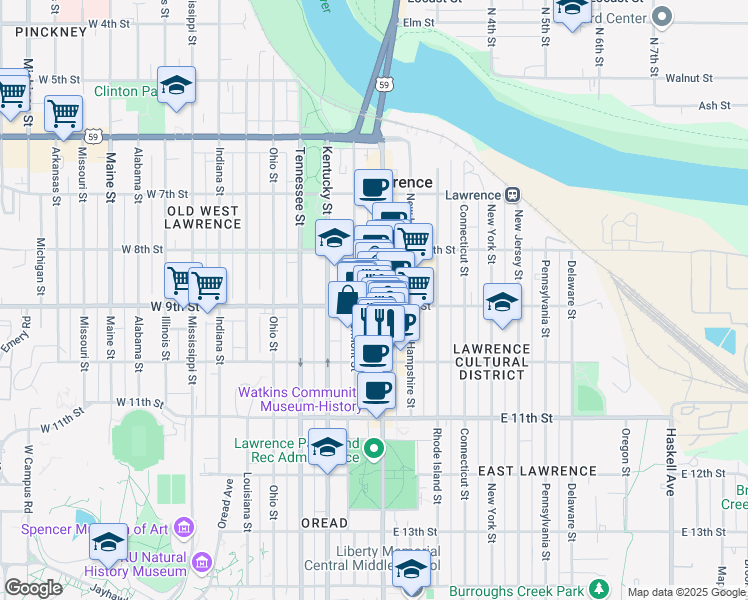 map of restaurants, bars, coffee shops, grocery stores, and more near 845 Massachusetts Street in Lawrence