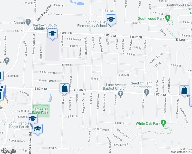 map of restaurants, bars, coffee shops, grocery stores, and more near 8814 East 86 Street in Raytown