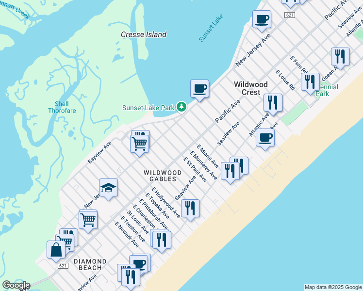 map of restaurants, bars, coffee shops, grocery stores, and more near 201 East Saint Paul Avenue in Wildwood Crest