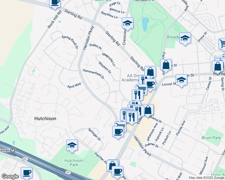 map of restaurants, bars, coffee shops, grocery stores, and more near 1113 Freshrain Court in Herndon
