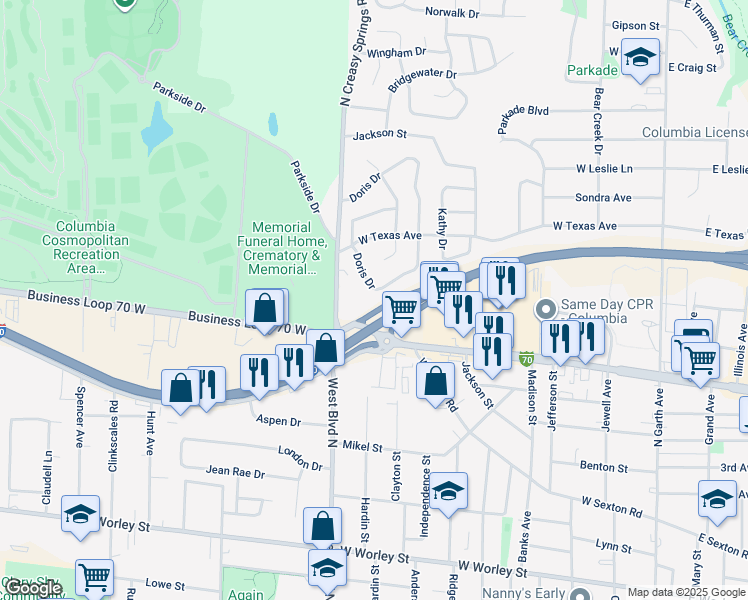 map of restaurants, bars, coffee shops, grocery stores, and more near 1423 Doris Drive in Columbia