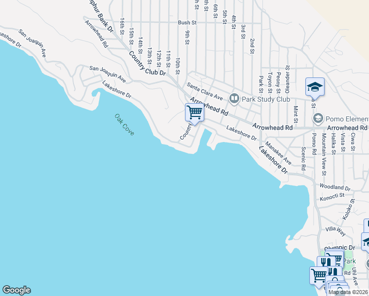map of restaurants, bars, coffee shops, grocery stores, and more near 13411 Lakeshore Drive in Clearlake