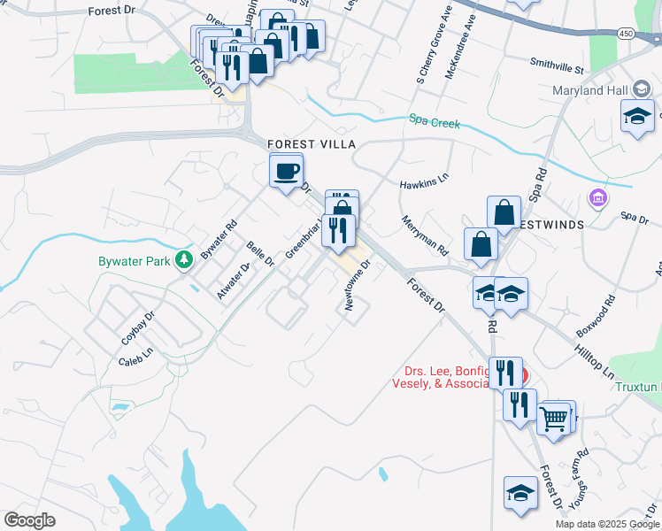 map of restaurants, bars, coffee shops, grocery stores, and more near 803 Skippers Lane in Annapolis