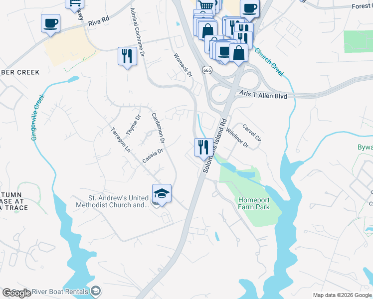 map of restaurants, bars, coffee shops, grocery stores, and more near 2526 Broad Reach Boulevard in Annapolis