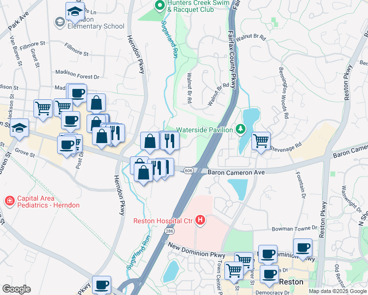 map of restaurants, bars, coffee shops, grocery stores, and more near 138 Laurel Way in Herndon