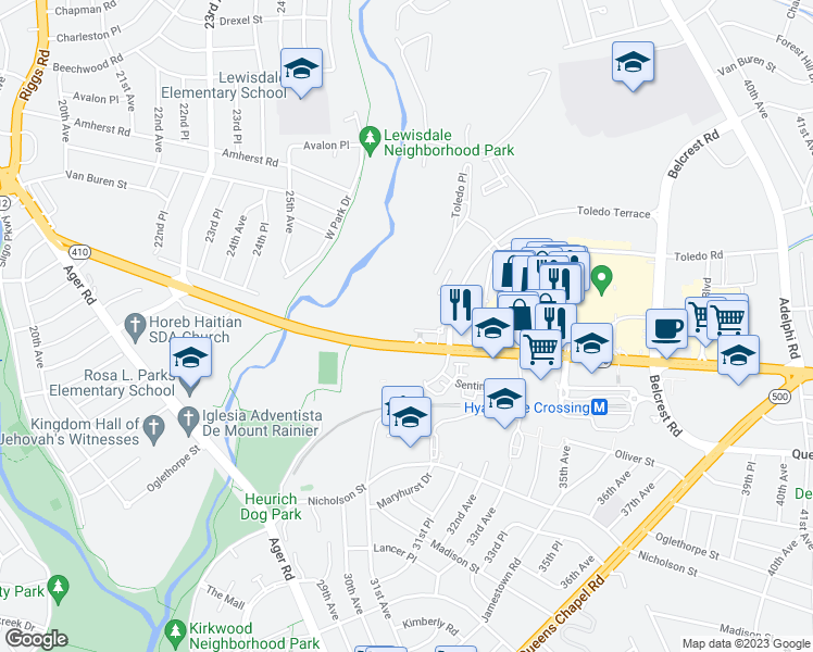 map of restaurants, bars, coffee shops, grocery stores, and more near 3300 East-West Highway in Hyattsville