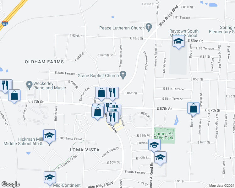 map of restaurants, bars, coffee shops, grocery stores, and more near Blue Ridge Blvd & E 85 Terrace in Kansas City