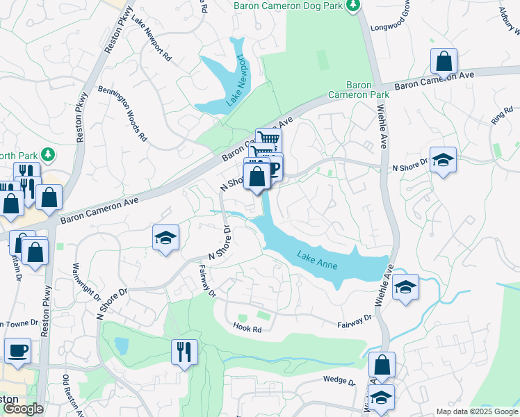 map of restaurants, bars, coffee shops, grocery stores, and more near 11400 Washington Plaza West in Reston
