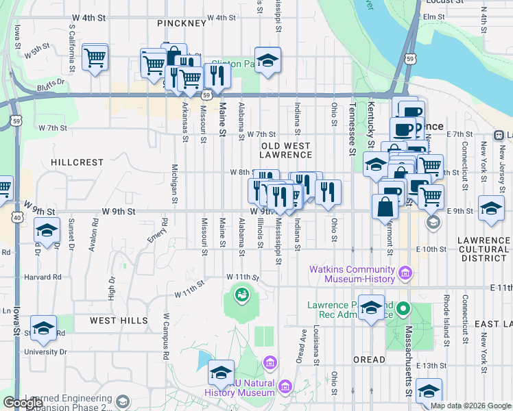 map of restaurants, bars, coffee shops, grocery stores, and more near 821 Illinois Street in Lawrence
