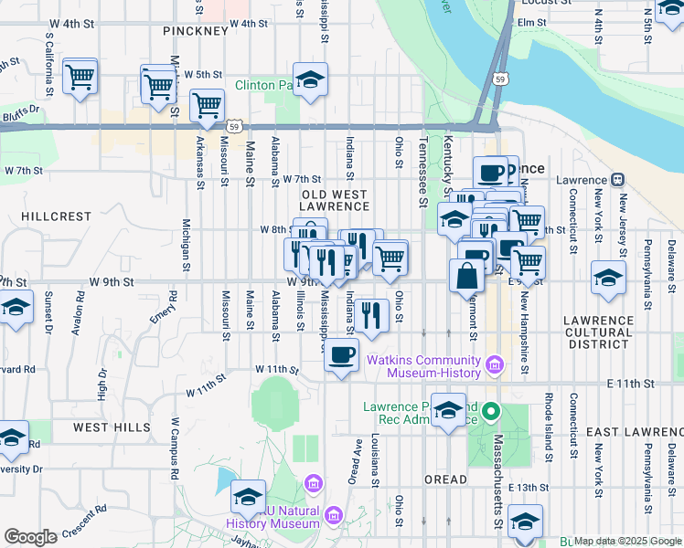 map of restaurants, bars, coffee shops, grocery stores, and more near 847 Indiana Street in Lawrence