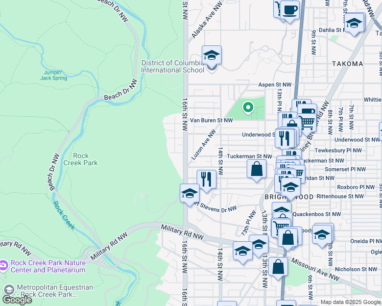 map of restaurants, bars, coffee shops, grocery stores, and more near 6341 16th Street Northwest in Washington