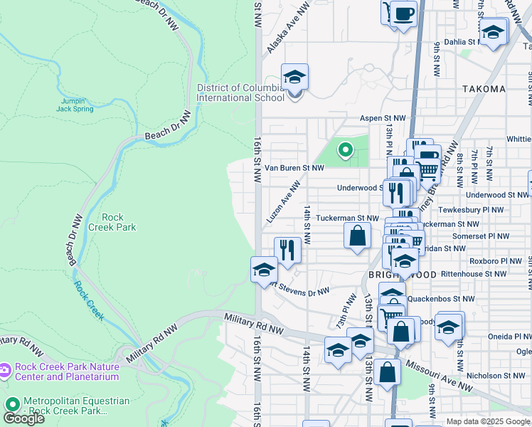 map of restaurants, bars, coffee shops, grocery stores, and more near 6341 16th Street Northwest in Washington
