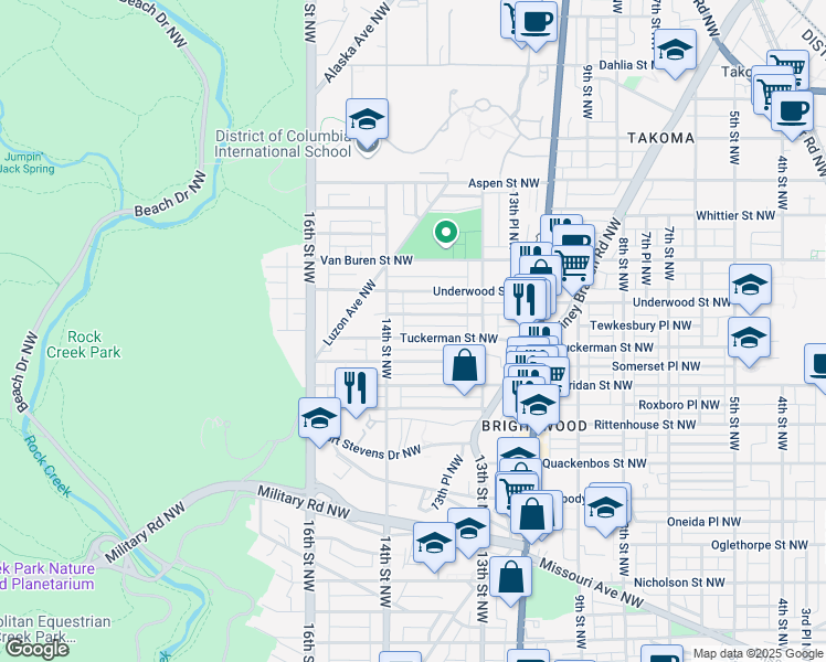 map of restaurants, bars, coffee shops, grocery stores, and more near 1365 Tuckerman Street Northwest in Washington
