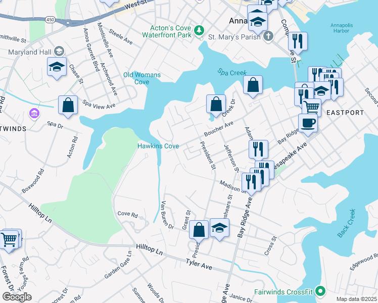 map of restaurants, bars, coffee shops, grocery stores, and more near 10 Boucher Place in Annapolis