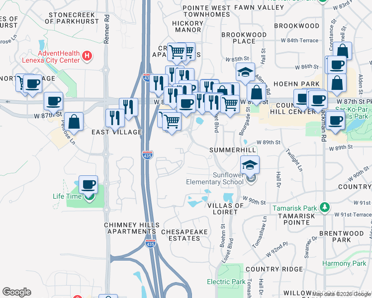 map of restaurants, bars, coffee shops, grocery stores, and more near 8900 Maurer Court in Lenexa