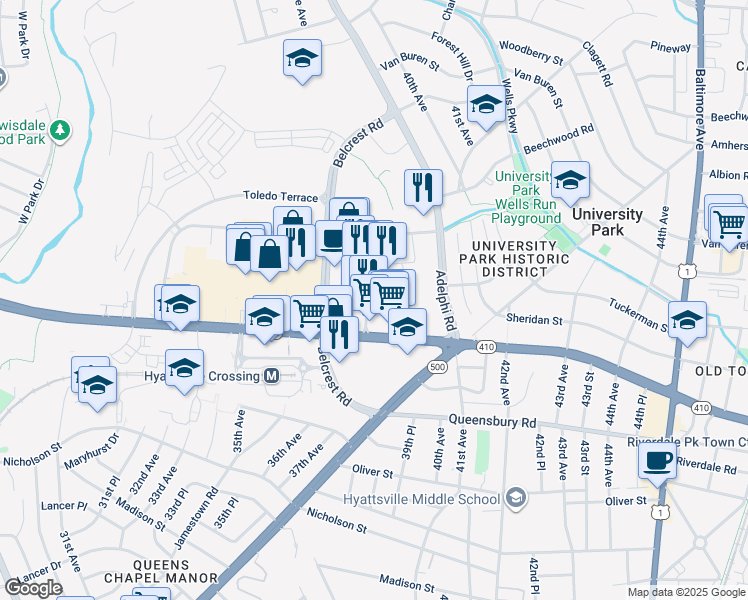map of restaurants, bars, coffee shops, grocery stores, and more near 6445 America Boulevard in Hyattsville