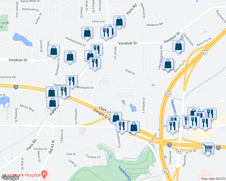 map of restaurants, bars, coffee shops, grocery stores, and more near 1604 Sylvan Lane in Columbia
