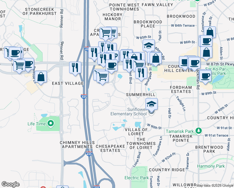 map of restaurants, bars, coffee shops, grocery stores, and more near 8875 Maurer Court in Lenexa